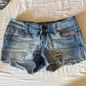 Celebrity Pink Blue Distressed Jean Shorts with Pink Details